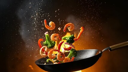 Stir-fried seafood and vegetables in a wok - Powered by Adobe