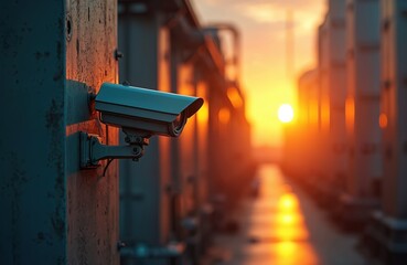 Security camera industrial facility. Surveillance tech monitoring, protecting property. Industrial architecture, sunset lighting, safety. Urban scene shows modern system, innovation compliance.