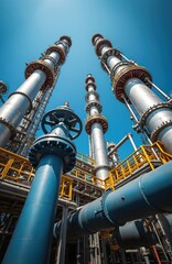 Industrial refinery plant equipment pipelines against blue sky. Engineering structure for oil, gas, chemical industry, power plant. Metal valve elbow column at factory environment. Energy production.