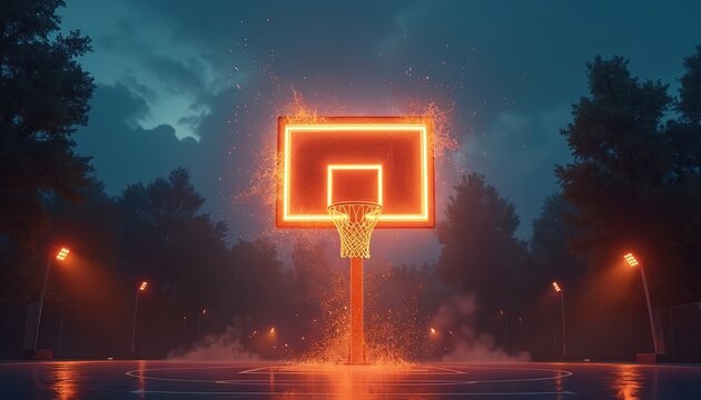 Basketball court with glowing hoop fiery sparks, night scene. Glowing neon lights, dramatic cinematic sports action. Urban environment, motion blur, dynamic, energetic competition.