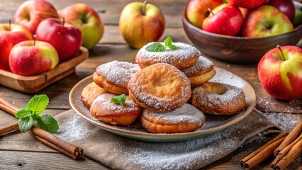German Apfelküchle — apple fritters with cinnamon sugar, served warm on a decorative plate.