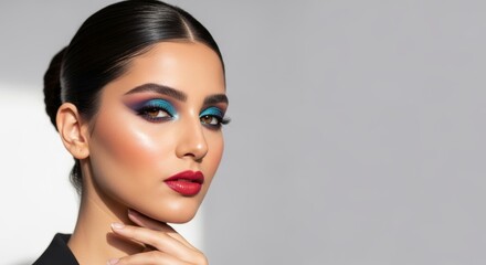 Fototapeta premium Stunning Middle Eastern woman with dark, sleek hair and striking blue and purple eyeshadow. Her bold makeup look is accentuated by vibrant red lipstick, creating a sophisticated and artistic portrait.