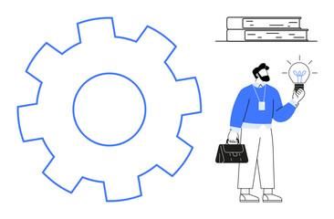 Large gear for process, man holding light bulb for innovation, briefcase for professionalism, and books for knowledge. Ideal for business, education, engineering, creativity, project management
