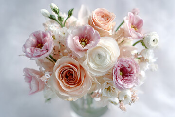 A delicate bouquet of soft pink and white roses and flowers arranged in a vase with a light, airy background.