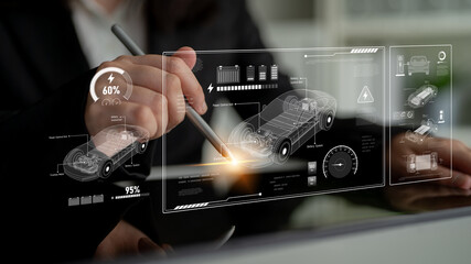 Technical layout of electric vehicle showing battery system, power control, traction motor,...