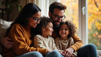 Happy Multicultural Family Laughing Together at Home