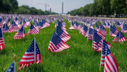 US flag banner. American flag waving. Patriotic celebration on the 4th of July. Independence Day. American flags on grass. USA banner. Memorial Day. USA flags. United States flag on green grass.