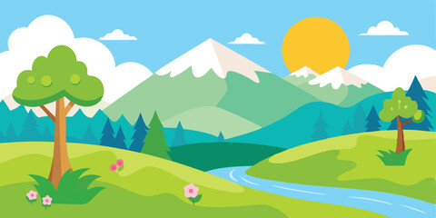 Obraz premium blank meadow landscape and river at sunset time