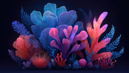 Obraz premium Vibrant digital illustration of various colorful coral reefs with intricate details on a dark background.