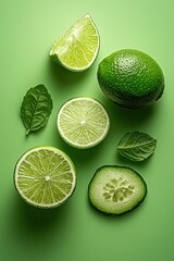 Fresh Green Limes and Mint Leaves on Verdant Background