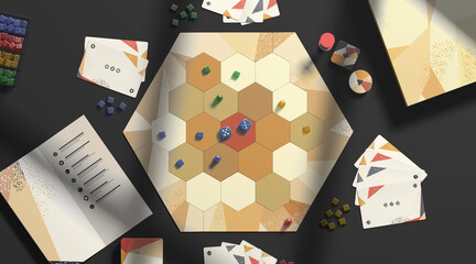 Colored board game field with chips, dice and cards mockup