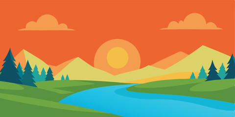 Obraz premium blank meadow landscape and river at sunset time