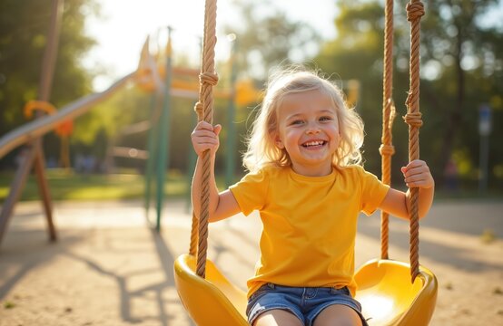 Happy child plays swing at outdoor park on sunny day. Joyful little girl smiles widely during playtime. Blonde hair, casual outfit, happiness at recreational activity. - Powered by Adobe