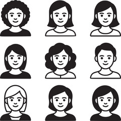 A grid of nine black and white vector style illustrations of diverse people with various hairstyles