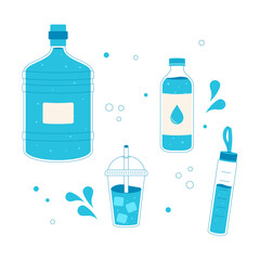 Collection of water bottles and cups in flat style. Set includes plastic and reusable containers, perfect for hydration, fitness, and healthy lifestyle designs.
