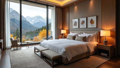 Luxury hotel room with stunning mountain view. Interior design features king bed with cozy bedding. Spacious window scenic panorama of mountain peaks. Comfort, relaxation, peaceful atmosphere,