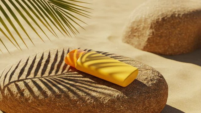 Yellow sunscreen bottle on sandy beach