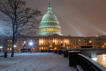 Washington DC in night winter snow. Capitol Building in night. Washington city Capitol. United...