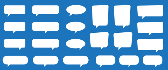 White speech bubble and thought bubble shapes in comic style. Blank text boxes for communication, storytelling, comic books, and graphic design.