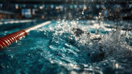 A swimmer propels through clear water, causing splashes and ripples. Bright lights illuminate the indoor pool environment during a competitive event.