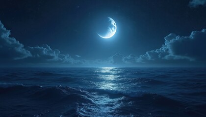Fototapeta premium Illustration depicts a serene night seascape under a crescent moon. Ocean reflects moonlight with stars. Tranquil atmosphere, dreamy feel, perfect for meditation, travel themes.
