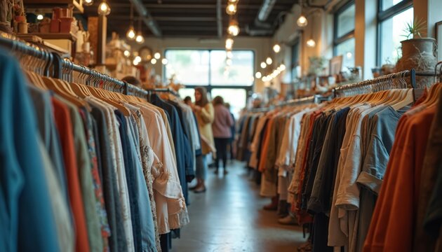 People shop for vintage clothing at thrift store on National Thrift Shop Day. Second hand fashion, sustainable shopping concept. Reusable garments, eco-conscious consumerism at local thrift store,