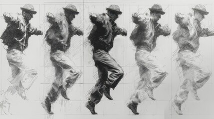 Study of a man in motion during the day in a drawing style