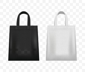 Canvas bag. mockup of fabric tote. Cloth totebag with handle. template of black and white cotton eco bag. Reusable tote for shopping. Blank mock for shopper. Ecobag for grocery. Vector illustration