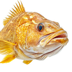 Golden fish close up detailed view of scales fins and eye on black background