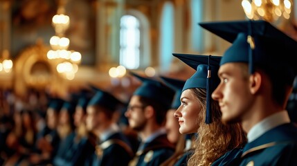 Graduation ceremony at an elegant venue with graduates focused on the speaker during their moment of celebration
