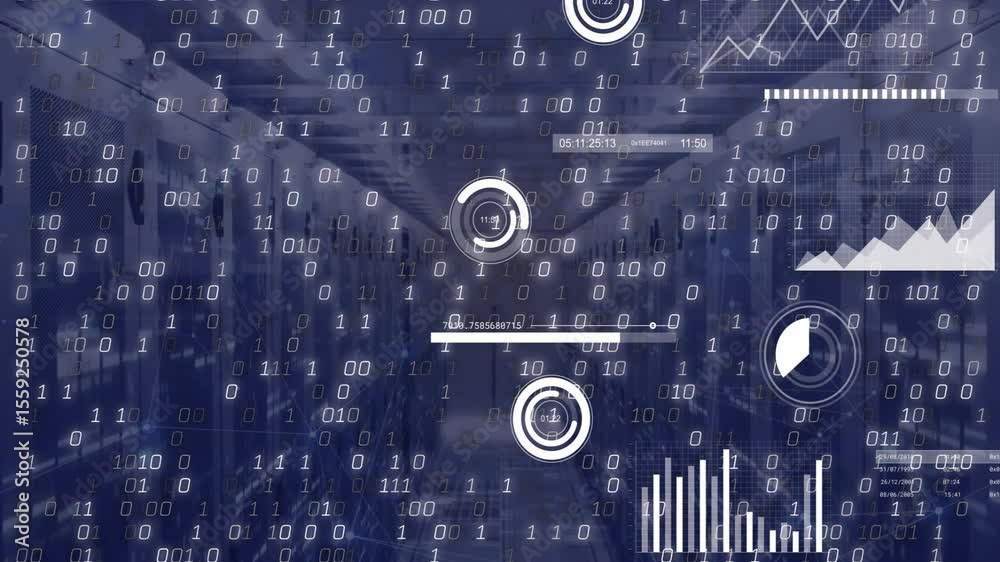 Poster binary streams appearing in aisle starting hud elements displaying real-time metrics over racks