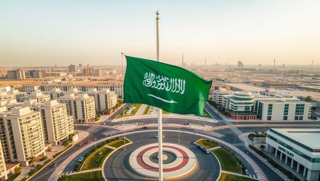The Saudi flag flies high in the square, surrounded by modern buildings and organized streets, reflecting the city's distinctive urban character.