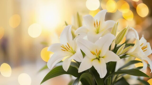 A bouquet of white lilies against a warm, golden bokeh background. Celebration and sympathy concept. Footage for a wedding invitation, funeral service, or a holiday greeting