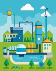 Fototapeta premium A citys water treatment plant utilizes advanced technology to purify and recycle wastewater reducing the strain on local water sources.. Vector illustration