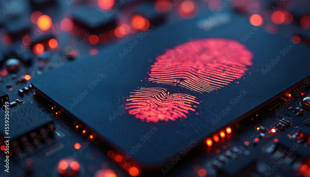 Aufkleber Fingerprint on credit card. Biometric security system. Data encryption, digital identity authentication concept. Secure online payment. Modern tech, innovation, protection of money, personal data.