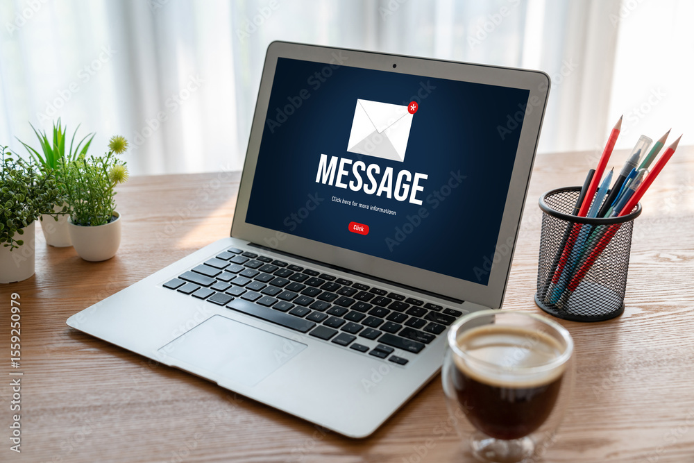 Poster email notification message showing on computer screen snugly. digital marketing message information 