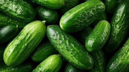 Bright green cucumbers piled together highlight the freshness of summer produce. The market offers a variety of healthy options for shoppers looking for seasonal vegetables.