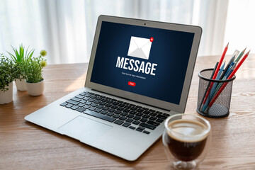 Email notification message showing on computer screen snugly. Digital marketing message information text from business to customer client
