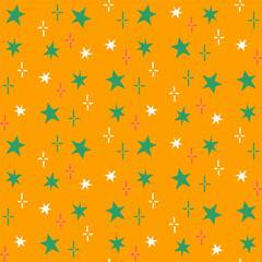 Colorful star doodles seamless pattern on orange background