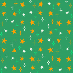 Colorful star doodles seamless pattern on green background