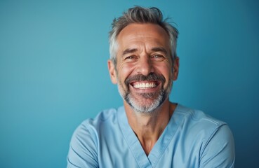 Obraz premium Middle-aged man with perfect smile, white clean teeth. Portrait dentist in medical uniform. Happy male person with fresh healthy smile against blue background. Professional dentist advertisement.