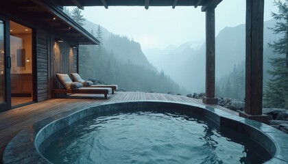 Mountain cabin hot tub overlooking misty mountain view. Wooden deck with chaise lounges. Spa relaxation in scenic forest environment. Luxury travel vacation, wellness, escape, home design.