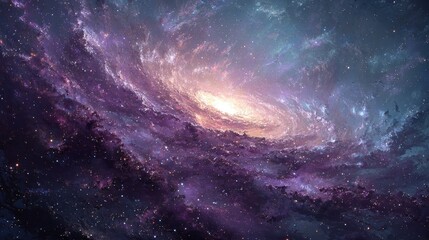 Fototapeta premium Watercolor abstract nebula with golden sparkles in Purple, Orange, and Grey, artistic expression of celestial event with luminous effect