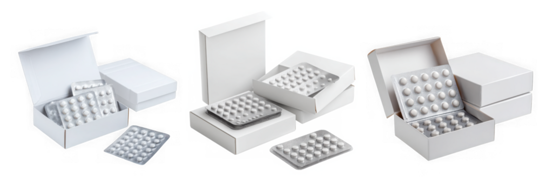 Three white boxes containing blister packs of pills, isolated on a transparent background