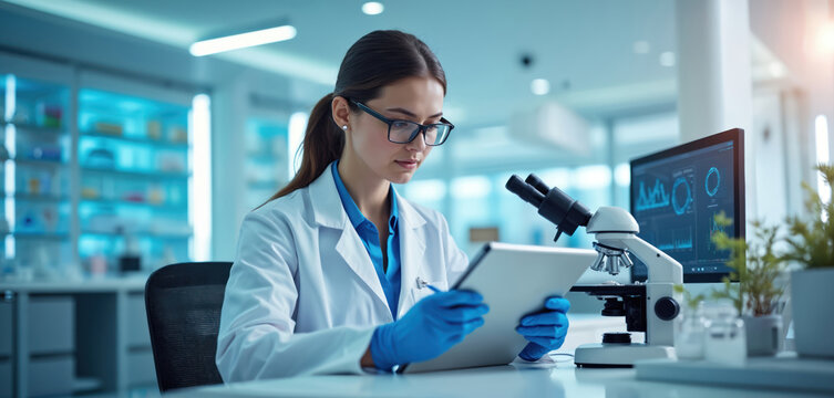 Woman scientist analyzing data on tablet in laboratory with microscope. Medical research in biotech. Female specialist in clinic conducting biology study. Science and tech concept.