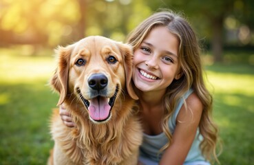 Young girl hugs golden retriever dog smiling. Friends play outdoors. Happy child, pet friendship. Summer nature, park, sunlight. Lifestyle, leisure, active fun. Adorable pair.