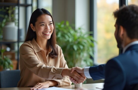 Businesswoman shaking hands client after successful deal, contract signing. Smiling female manager hr hiring recruit at job interview. Happy people. Teamwork, partnership concept.