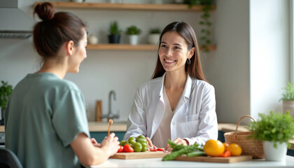 Nutritionist advises client healthy eating in kitchen. Doctor consults young woman about diet, healthy lifestyle. Pro recommends fresh vegetables, fruits. Coaching about proper nutrition, well-being.