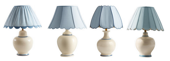 Four elegant white ceramic table lamps with blue pleated lampshades isolated on transparent background