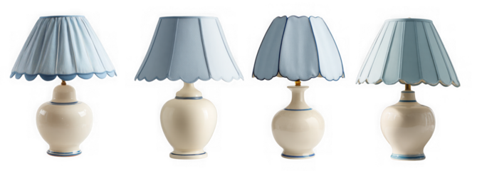 Four elegant white ceramic table lamps with blue pleated lampshades isolated on transparent background